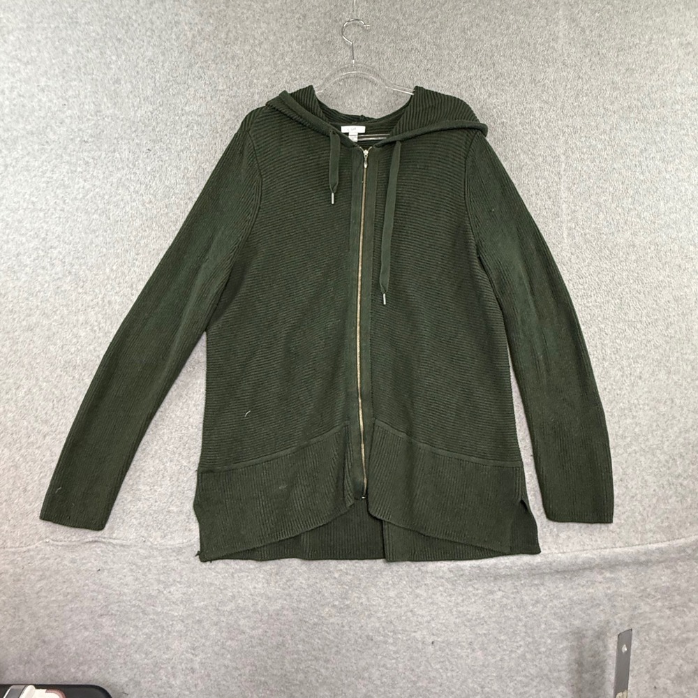 J.Jill Full Zip Cardigan Hoodie Women L Tall Green Ribbed Knit Cotton Blend